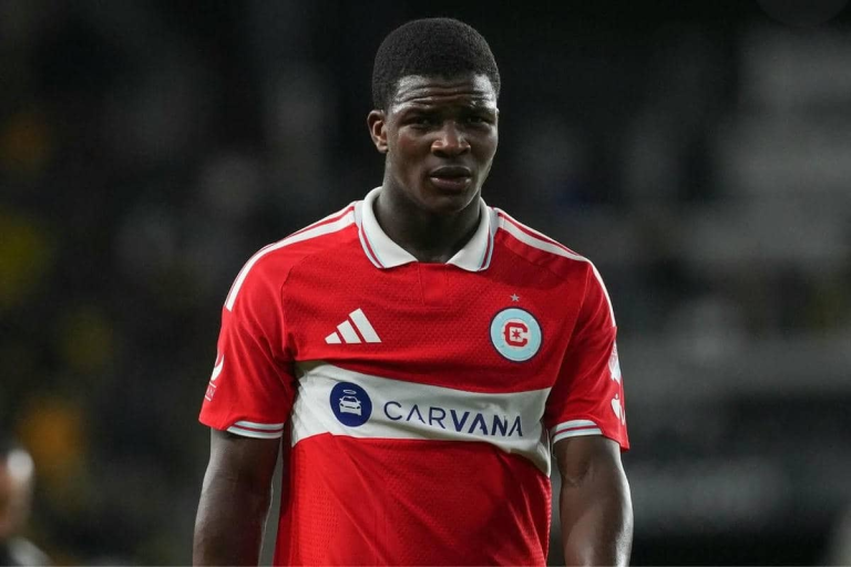 Mbekezeli Mbokazi during a match for Chicago Fire before suffering a thigh injury.