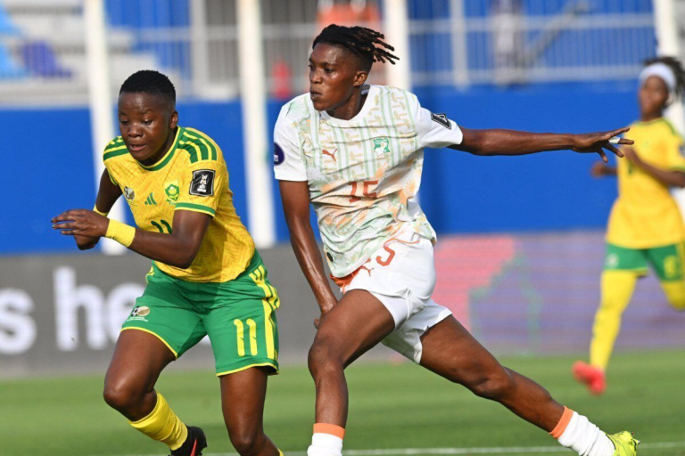 Hildah Magaia celebrates after scoring Banyana Banyana's late equaliser against Ivory Coast at WAFCON.